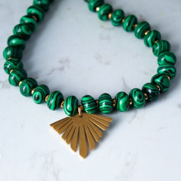 rondelle beads malachite handmade gold plated - Picture 2 of 5